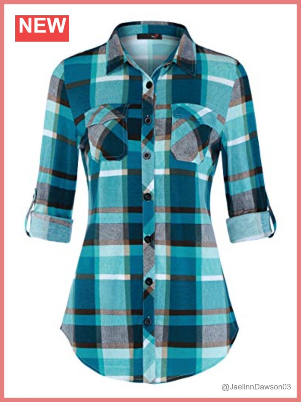 Womens Soft Stretchy Plaid Button Down Blouse Roll Up Sleeve Collared Top
